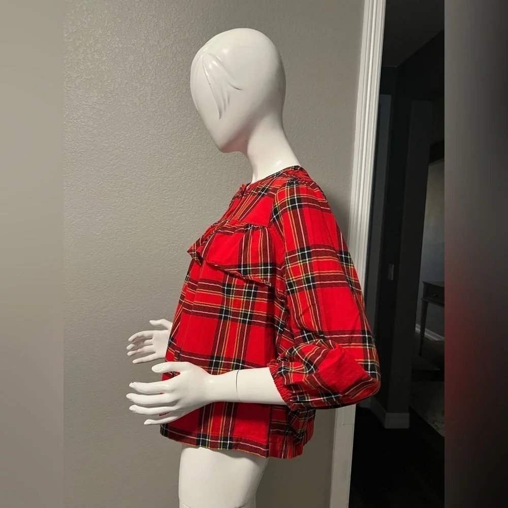J Crew Ruffle Top in Festive Plaid Red Sz PM